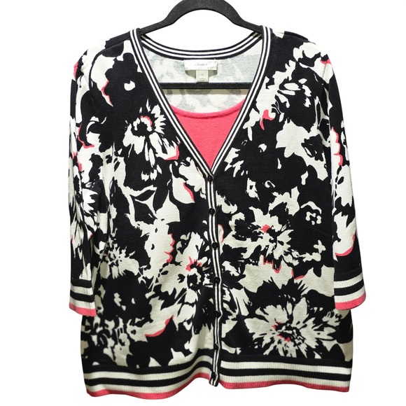 CJ Banks Black White Floral Print Cardigan Sweater Pink Trim Size 1X - Picture 1 of 6